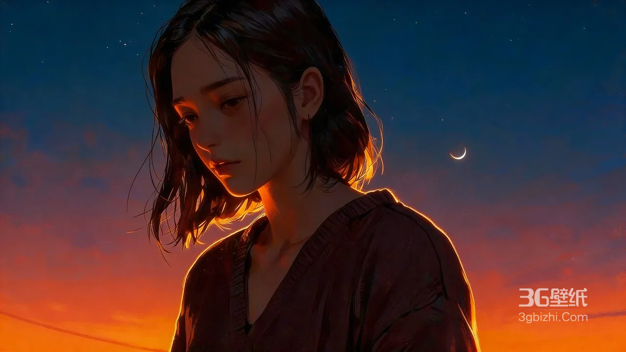 短发少女暖光剪影 黄昏月牙写实电脑壁纸1