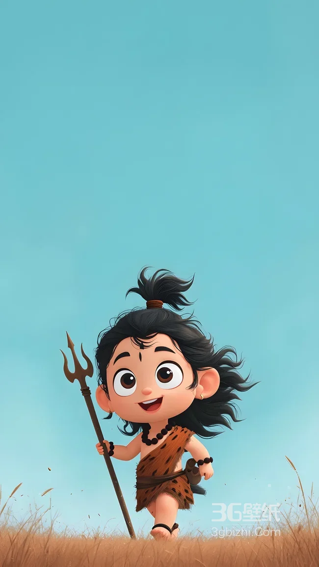 Q版卡通小湿婆·持三叉戟兽皮装 超萌手机壁纸1
