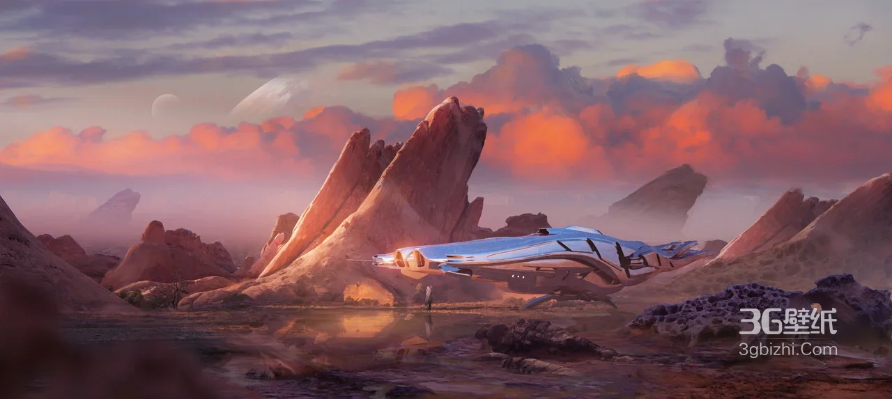 科幻飞船荒漠异星场景·唯美科幻风原创概念 宽屏车机壁纸1