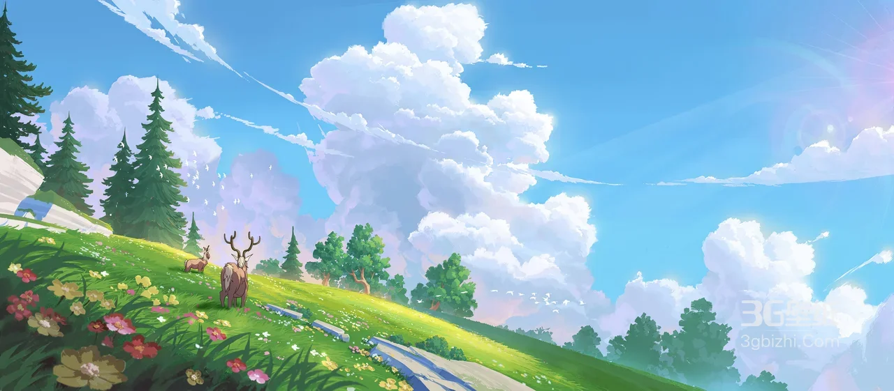 森野鹿群花野·唯美国漫风游戏场景宽屏壁纸1
