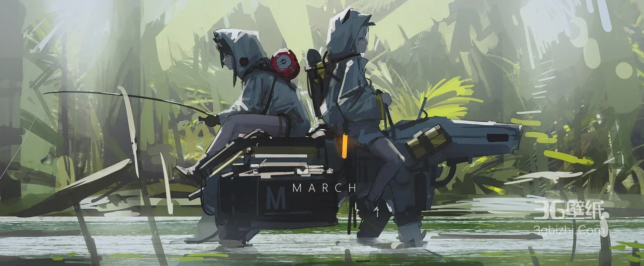 双角色雨林机械载具钓鱼·二次元科幻风 宽屏车机壁纸1