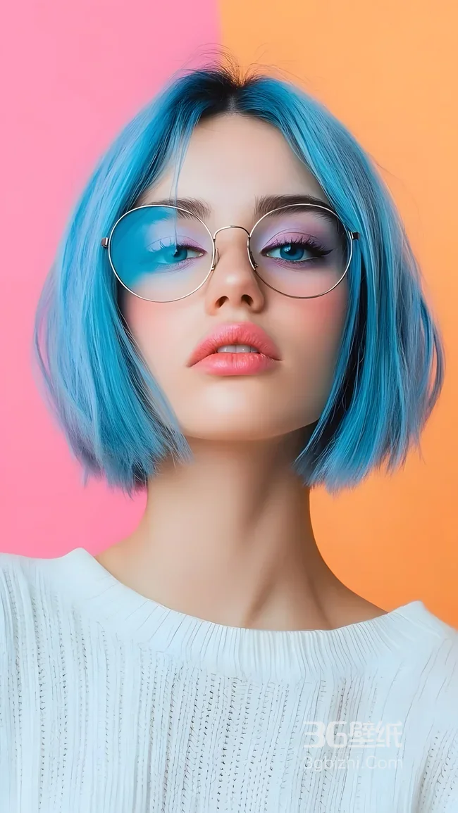 时尚蓝发短发戴眼镜女生 撞色清新风手机壁纸优选1