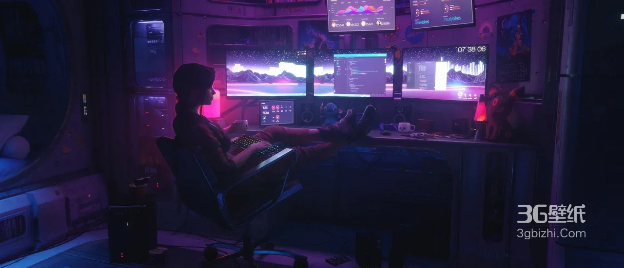 赛博朋克暗黑电竞工作场景·科技感 高热度电脑桌面背景1