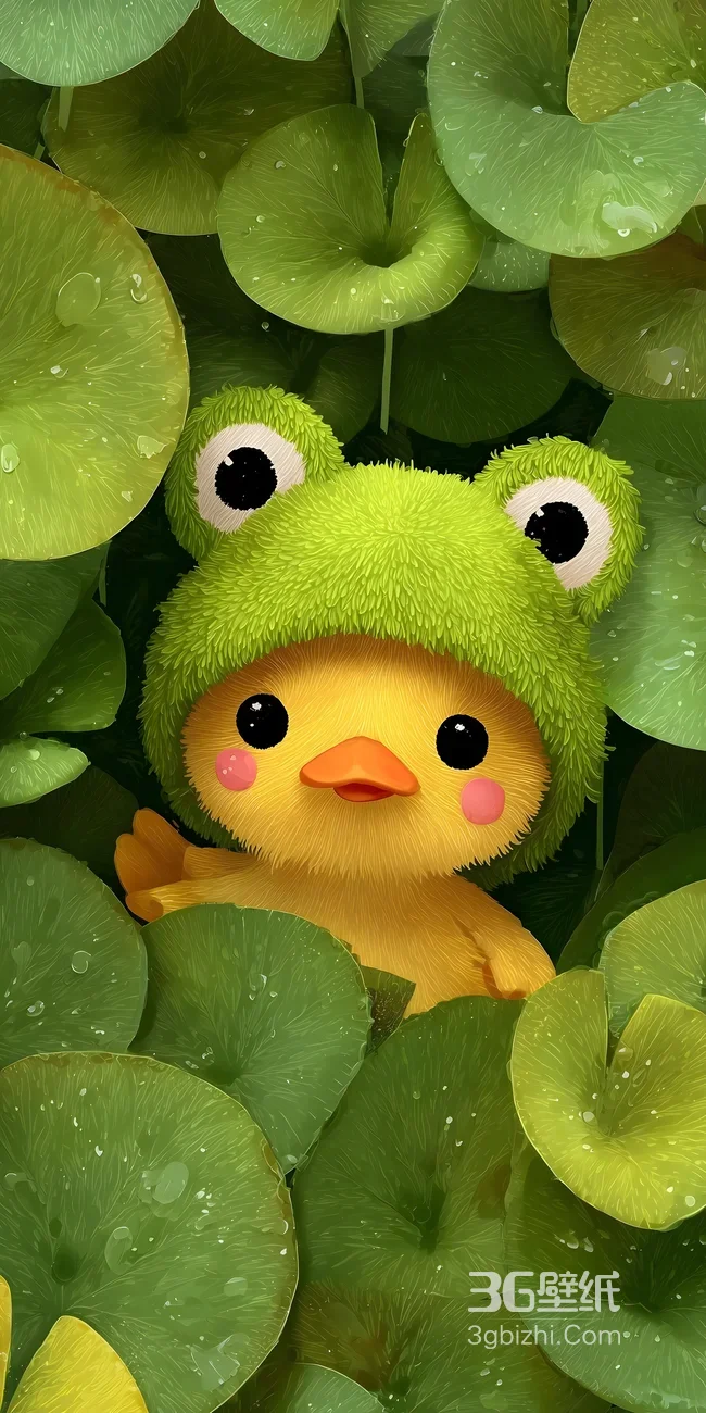 戴毛绒青蛙帽的小黄鸭·治愈风可爱手机壁纸1