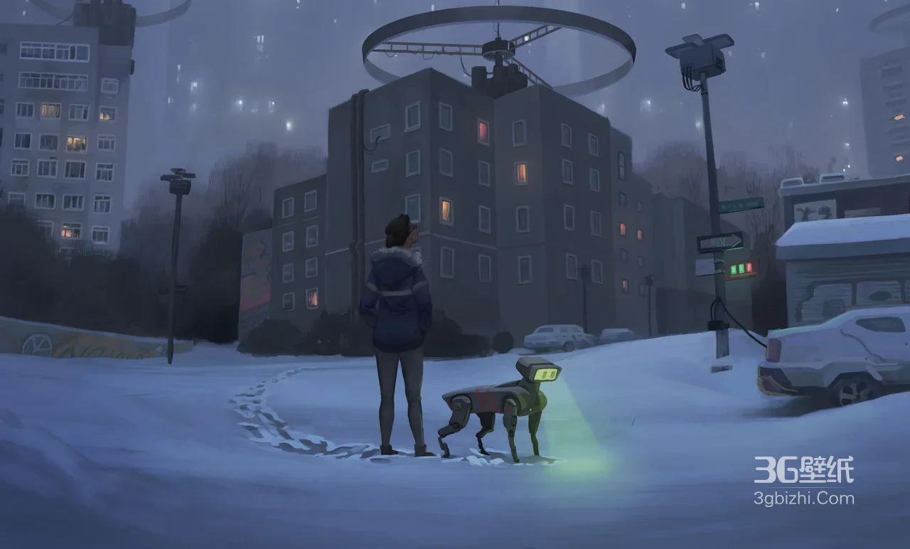 人与机械狗·未来雪景都市 科幻风电脑壁纸1