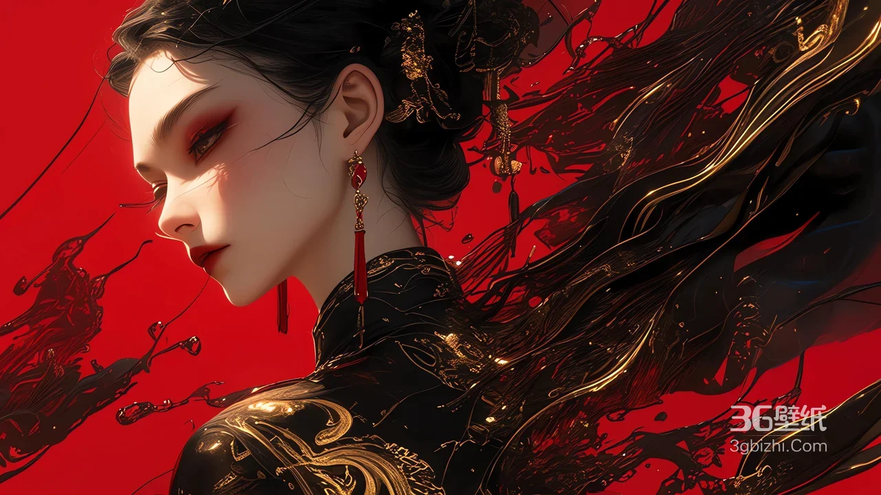 国风旗袍佳人·黑金泼墨华丽风 高级感电脑壁纸1