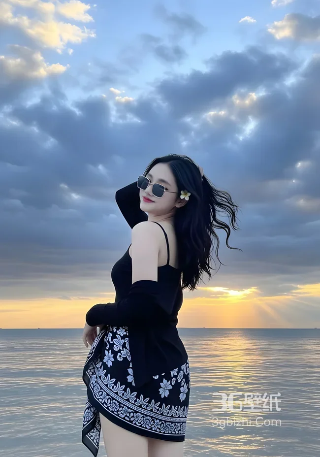 海边美女·墨镜花饰·唯美日落氛围感手机壁纸1