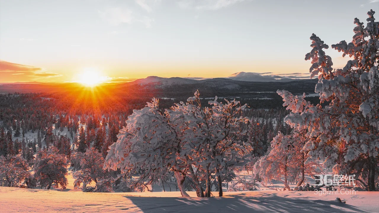 雪林日出·唯美北欧风 冬季雪景电脑壁纸1
