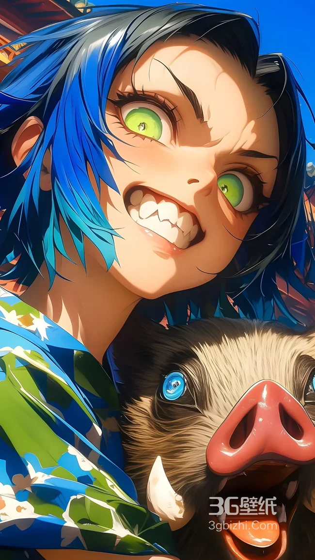 蓝发绿眼动漫角色·野猪伙伴 国漫热血冒险手机壁纸1