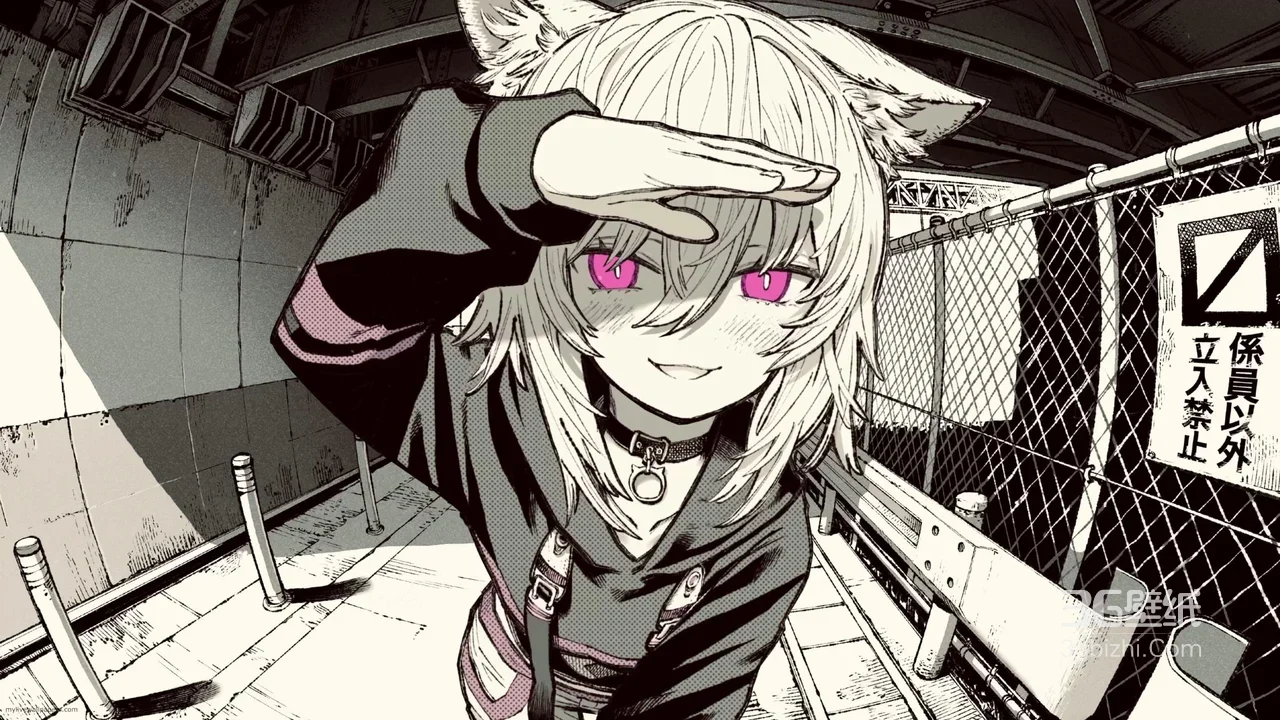 猫耳少女·粉瞳暗黑系 二次元工业风插画壁纸1