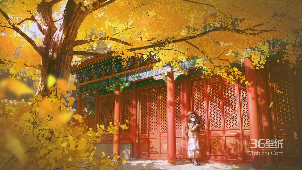 红墙古建金黄银杏·国风唯美女孩·国漫插画电脑壁纸1