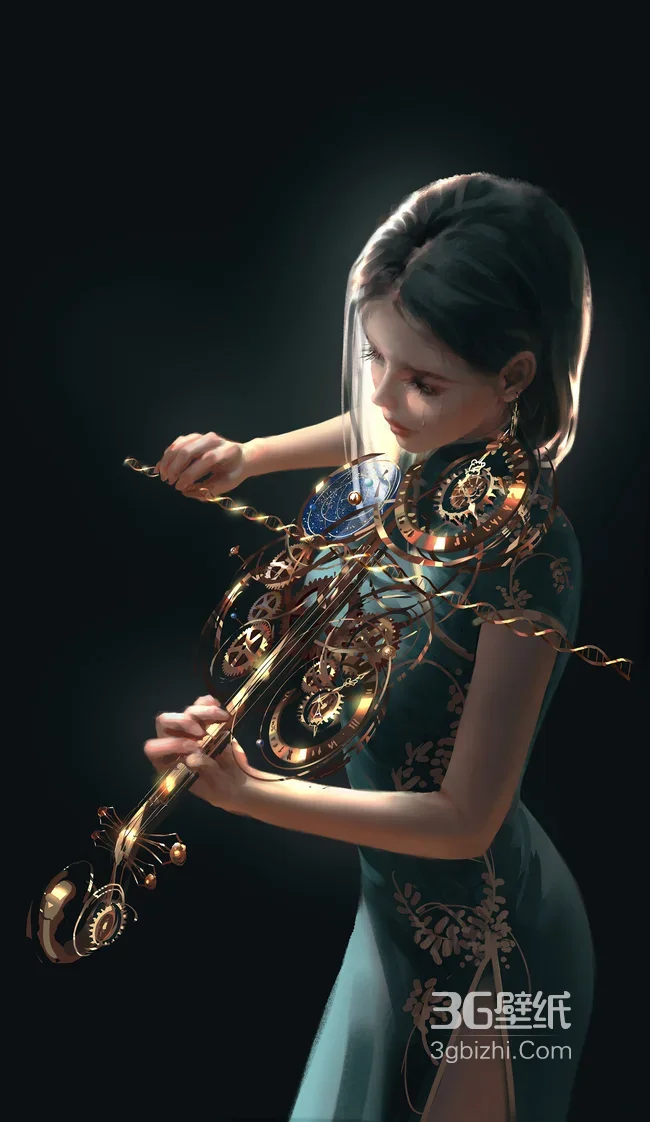 国风旗袍女子·机械齿轮小提琴 写实风 小众艺术手机壁纸1