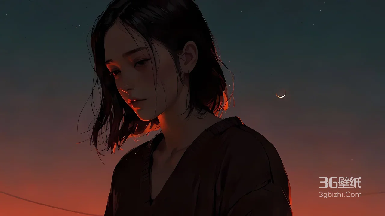 写实少女·黄昏月牙 唯美插画（Shal.E风）宽屏壁纸1