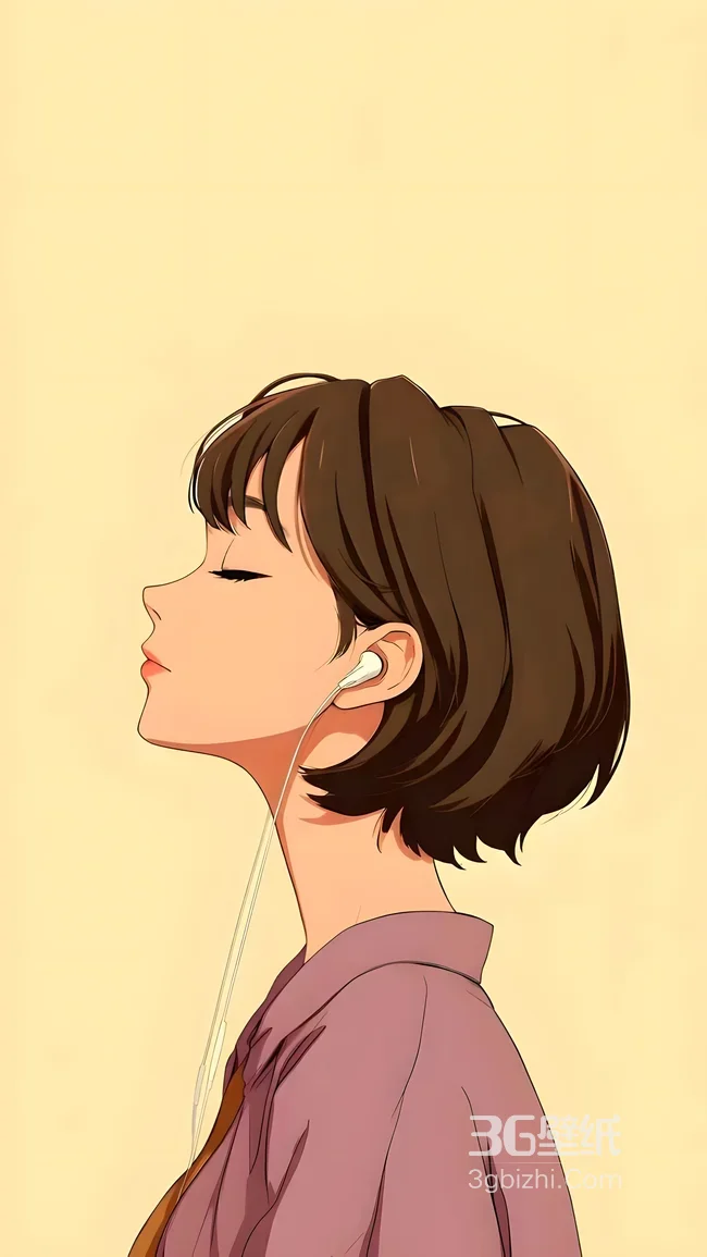 短发少女·戴耳机聆听 治愈系国漫风原创插画 治愈系手机壁纸1
