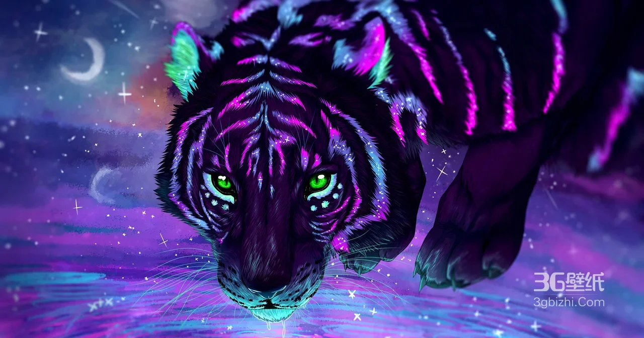 荧光虎·赛博霓虹风 星夜幻境宽屏车机壁纸1