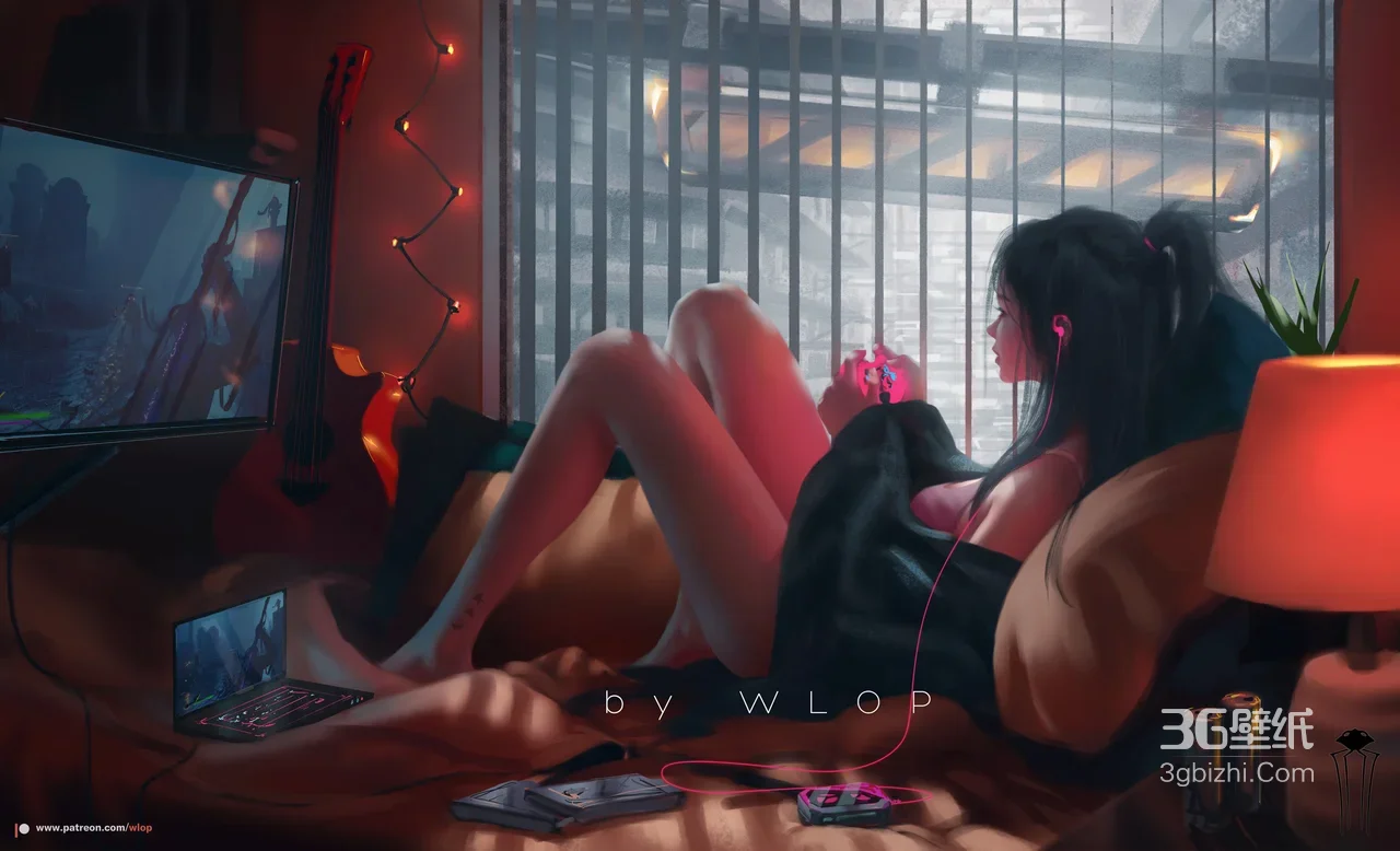 赛博朋克游戏少女·WLOP插画 电竞房间宽屏电脑壁纸1