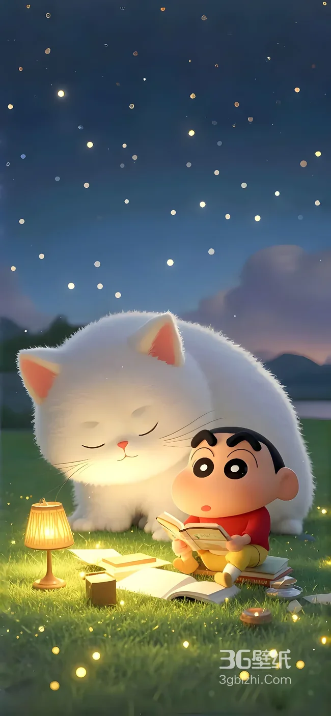 野原新之助夜读+巨型白猫 治愈唯美蜡笔小新动漫壁纸1