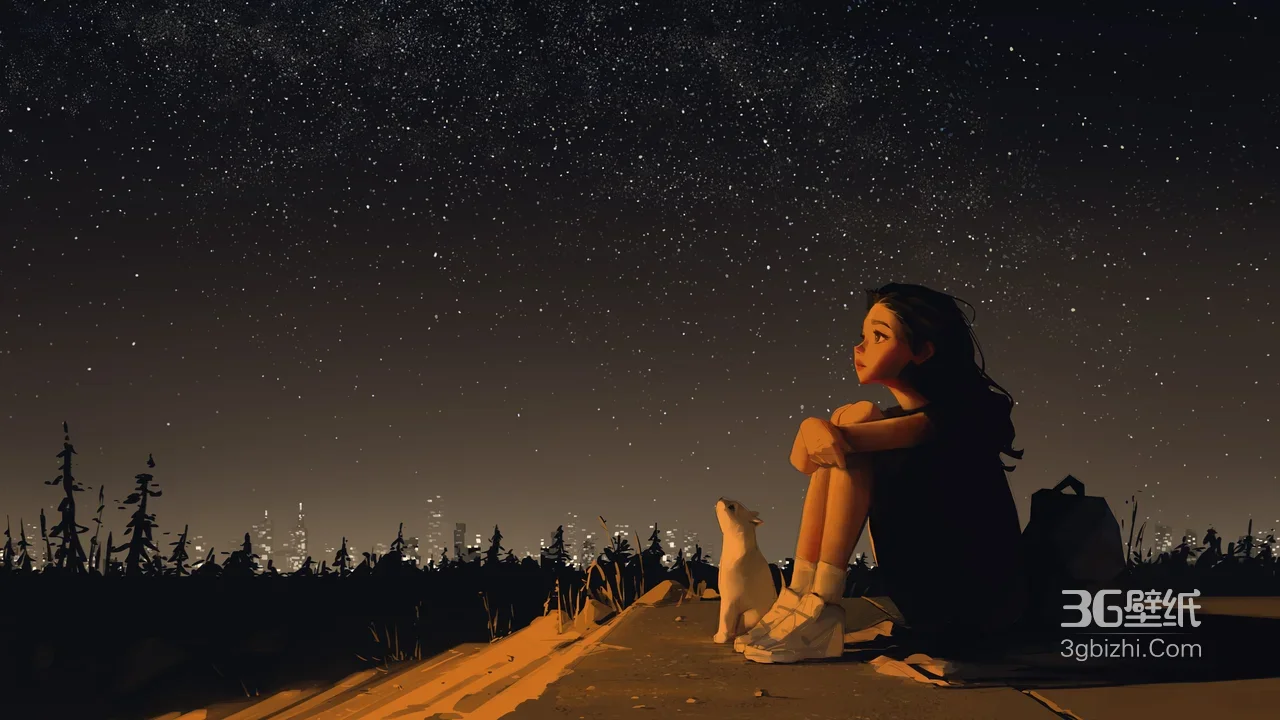 少女与白猫·星空城市夜景 国漫唯美风电脑壁纸1