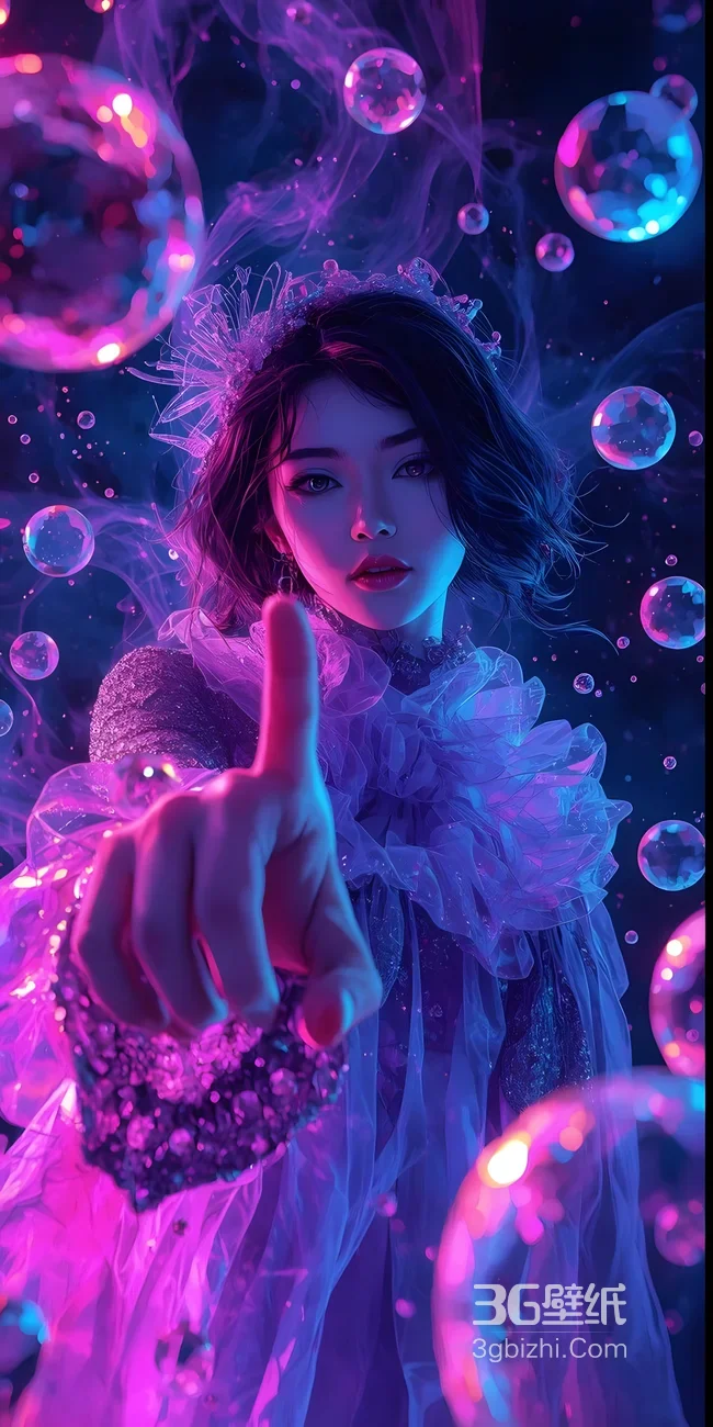 赛博朋克梦幻少女·泡泡环绕轻纱华服 超现实手机壁纸1