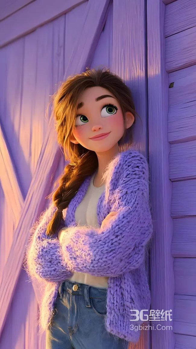 3D卡通女孩·麻花辫紫毛衣 温暖治愈手机壁纸1