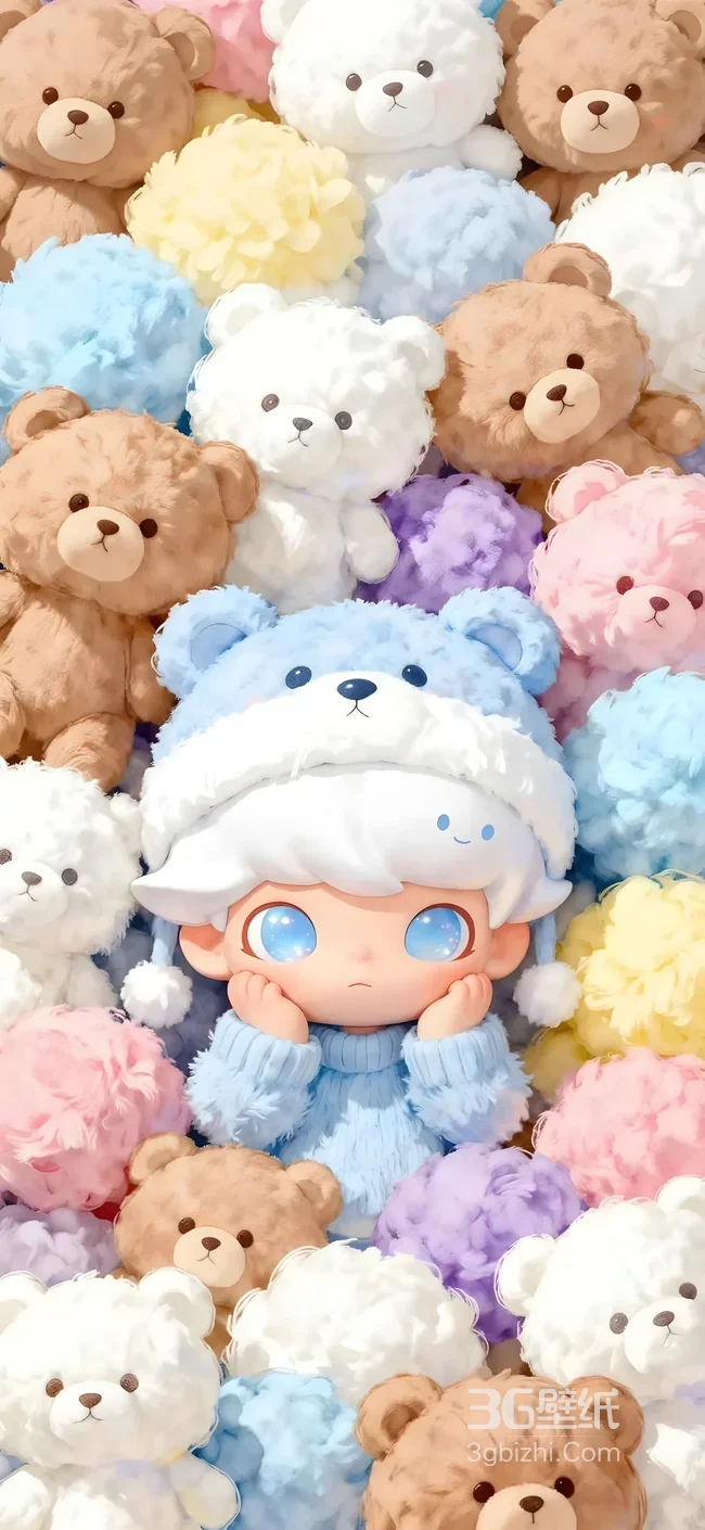 戴蓝熊帽卡通人物·毛绒小熊簇拥 可爱二次元治愈系手机壁纸1