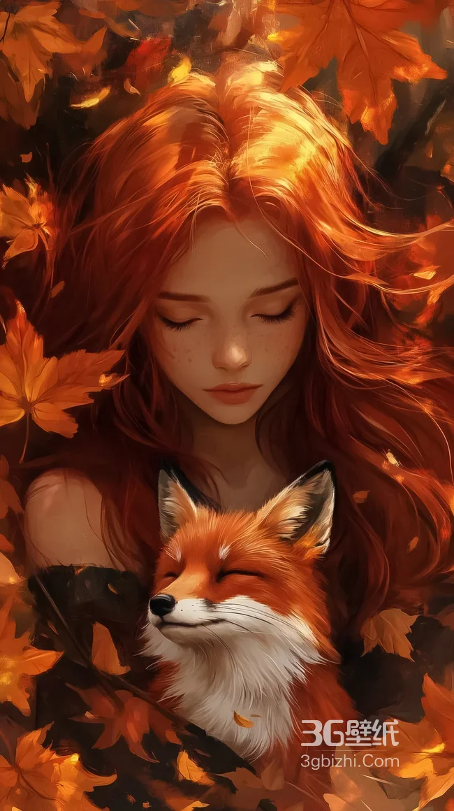 红发少女与狐狸·唯美写实·秋日氛围感手机壁纸1