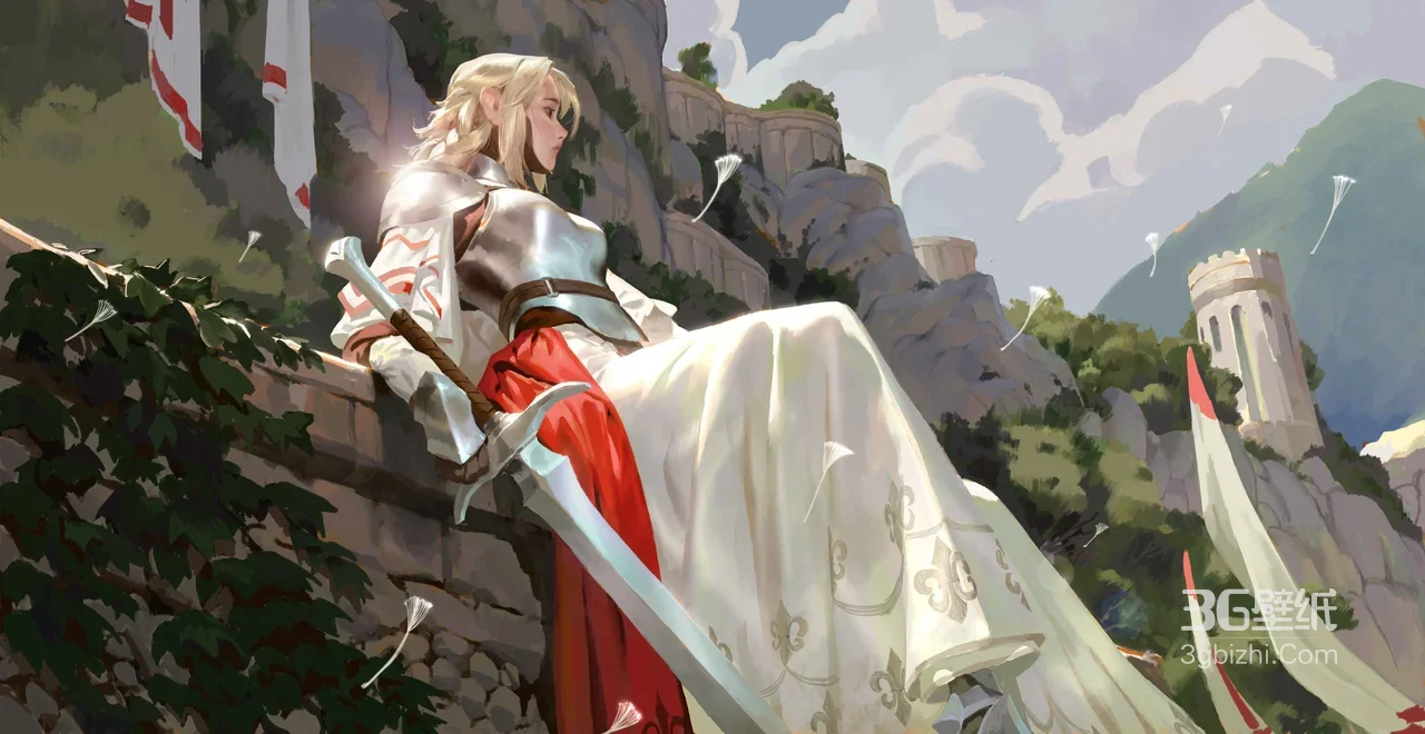 金发女骑士·银甲白裙·古堡山峦 唯美写实宽屏车机壁纸1