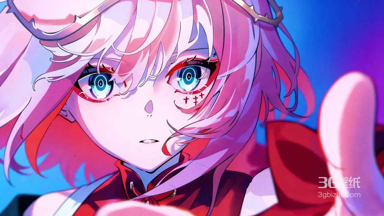 粉色长发血痕少女·二次元暗黑插画·游戏风电脑壁纸1