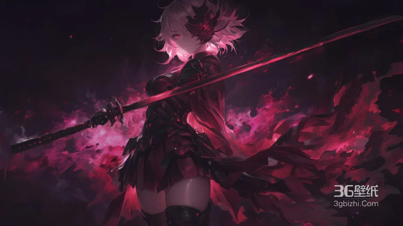 暗黑系女武士·绯红武士刀战裙 动漫电脑壁纸1