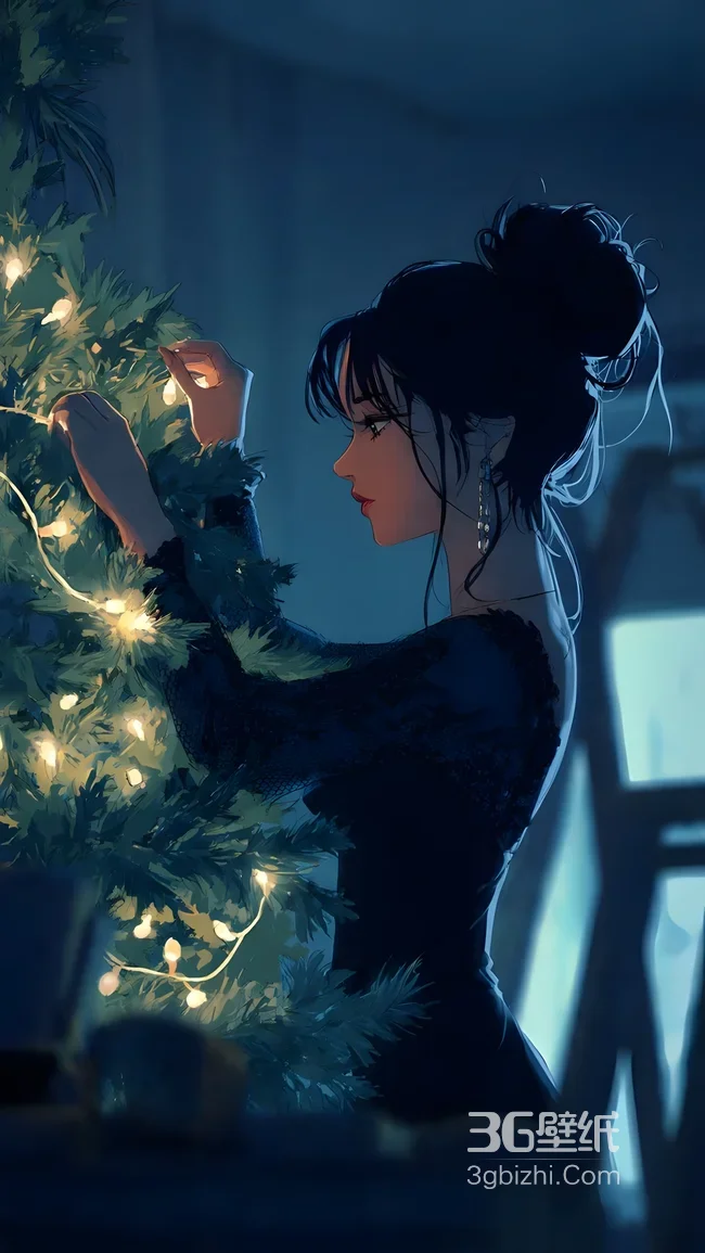 冬夜装饰圣诞树的少女·唯美插画风 暖光治愈手机壁纸1