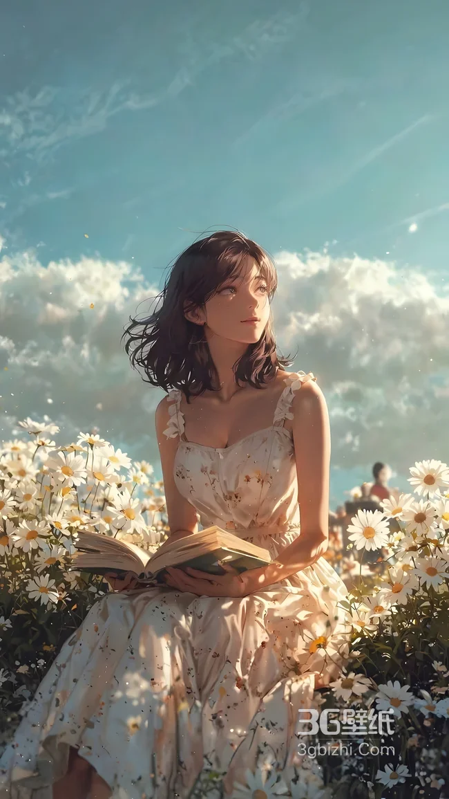雏菊花海阅读少女·唯美插画风 治愈手机壁纸1