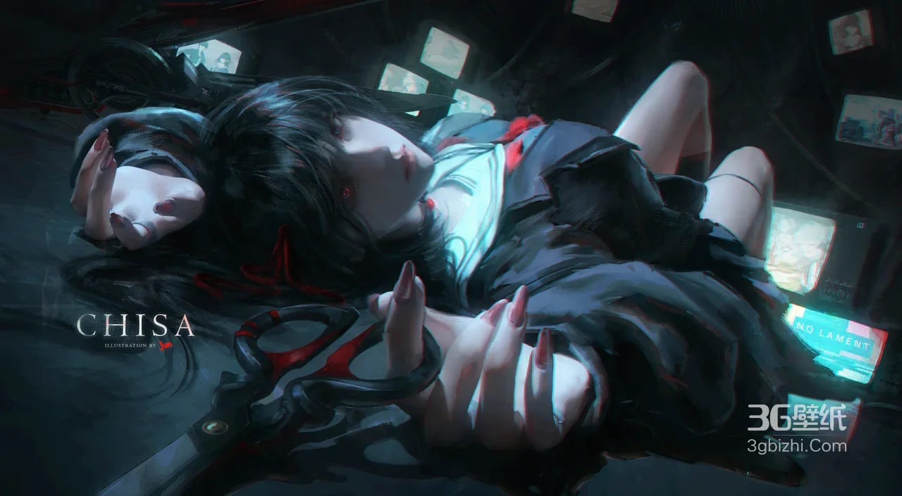 CHISA·暗黑红瞳剪刀 复古电视插画 高人气电脑壁纸精选1