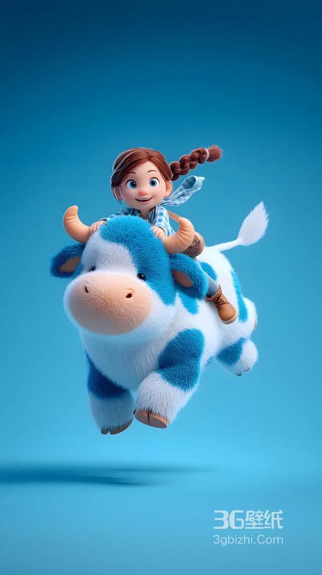 3D萌系卡通 女孩骑蓝白萌牛 治愈手机壁纸1