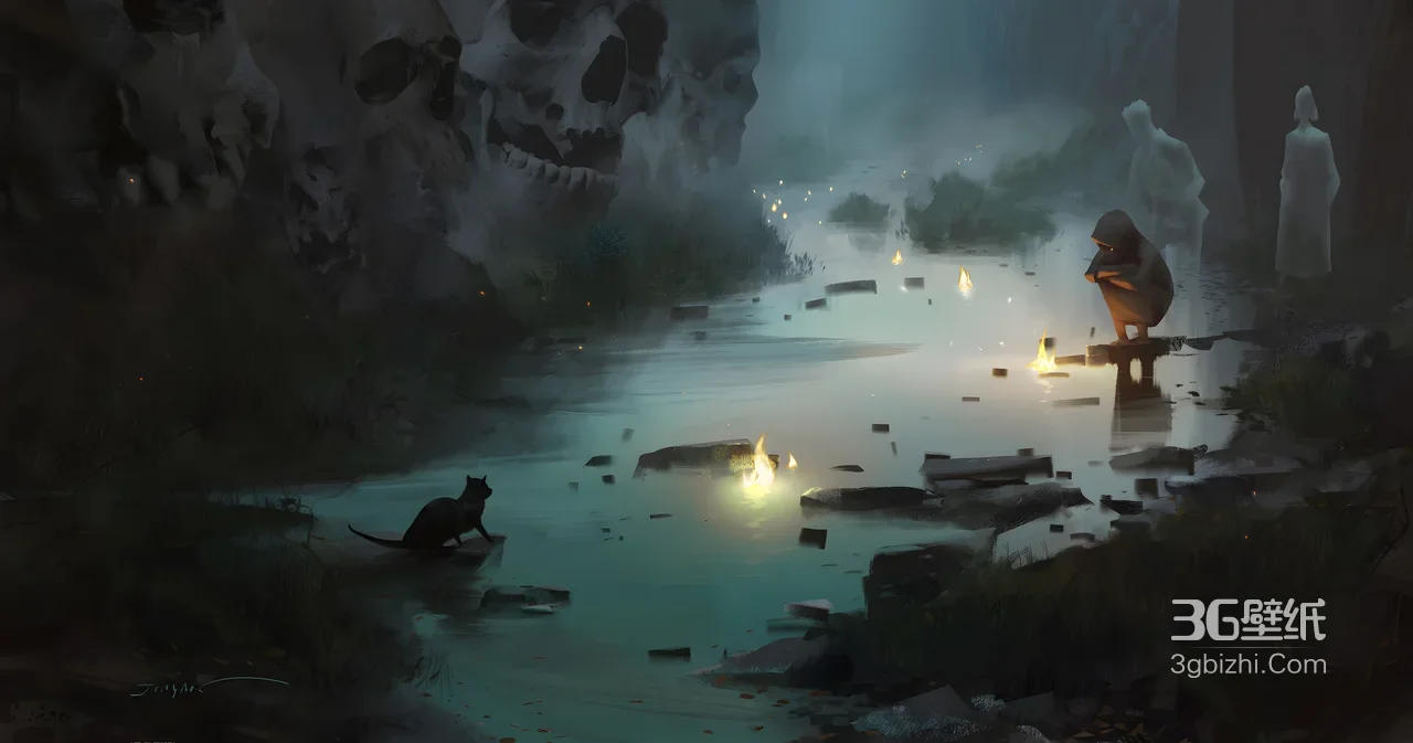 骷髅秘境水潭·暗黑奇幻风 神秘人黑猫与幽灵 宽屏电脑壁纸1