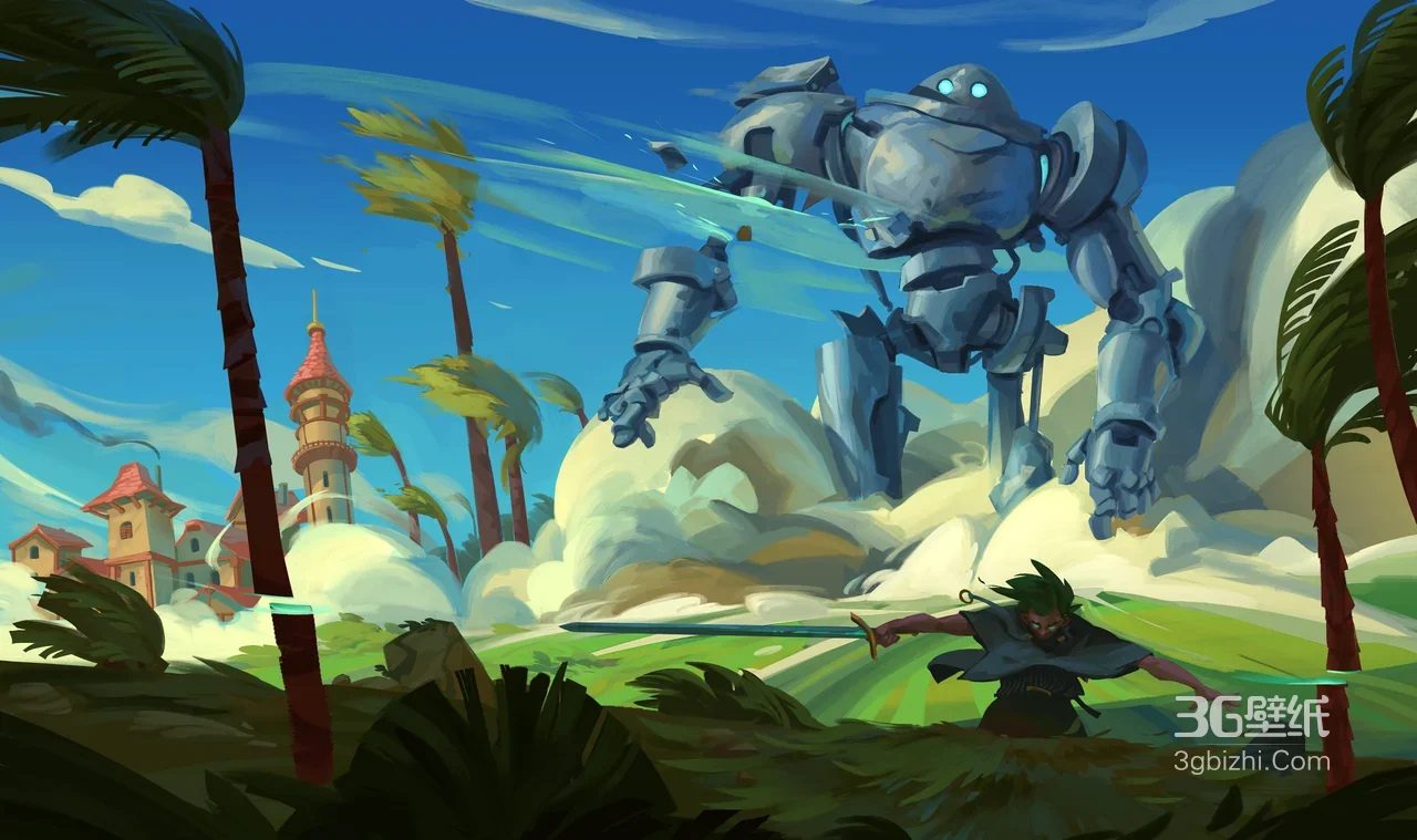 绿发武士·剑战巨型机甲 卡通游戏风战斗场景 高热度电脑壁纸1