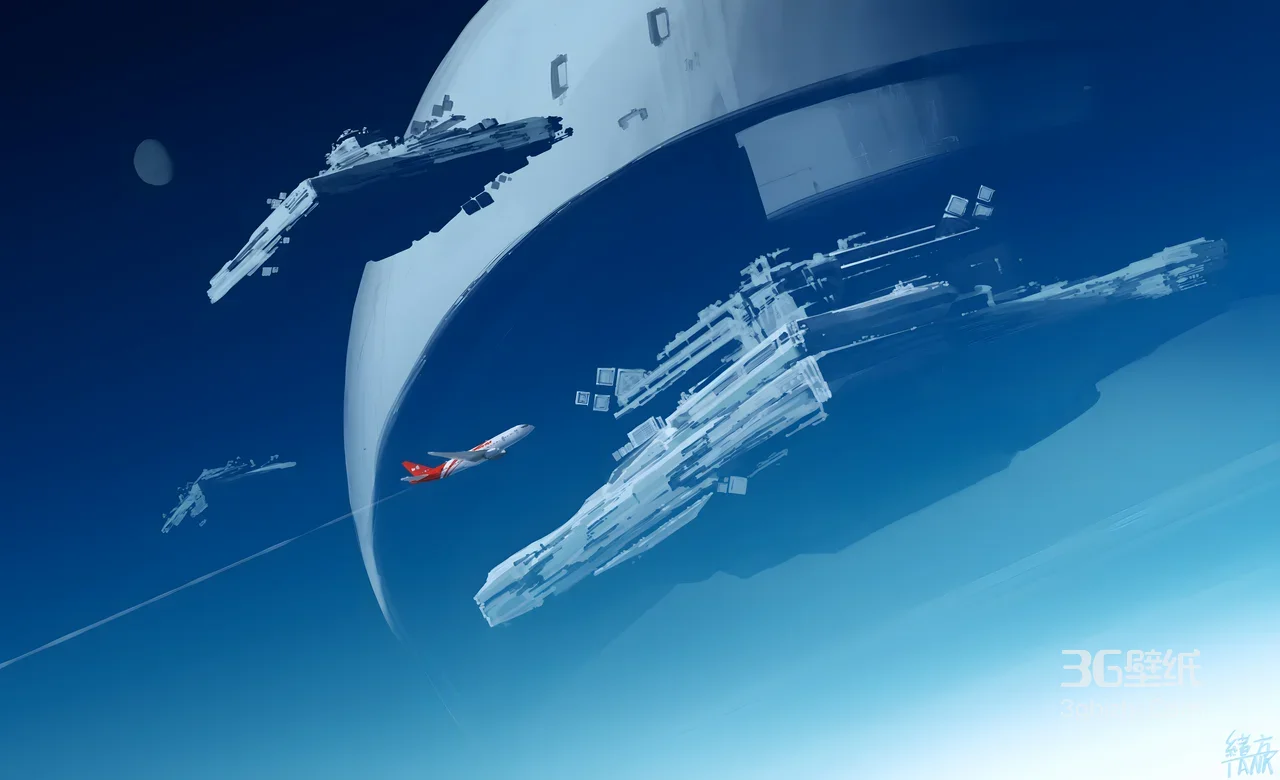 客机穿梭巨型科幻舰群·未来科幻风 超宽屏太空壁纸1