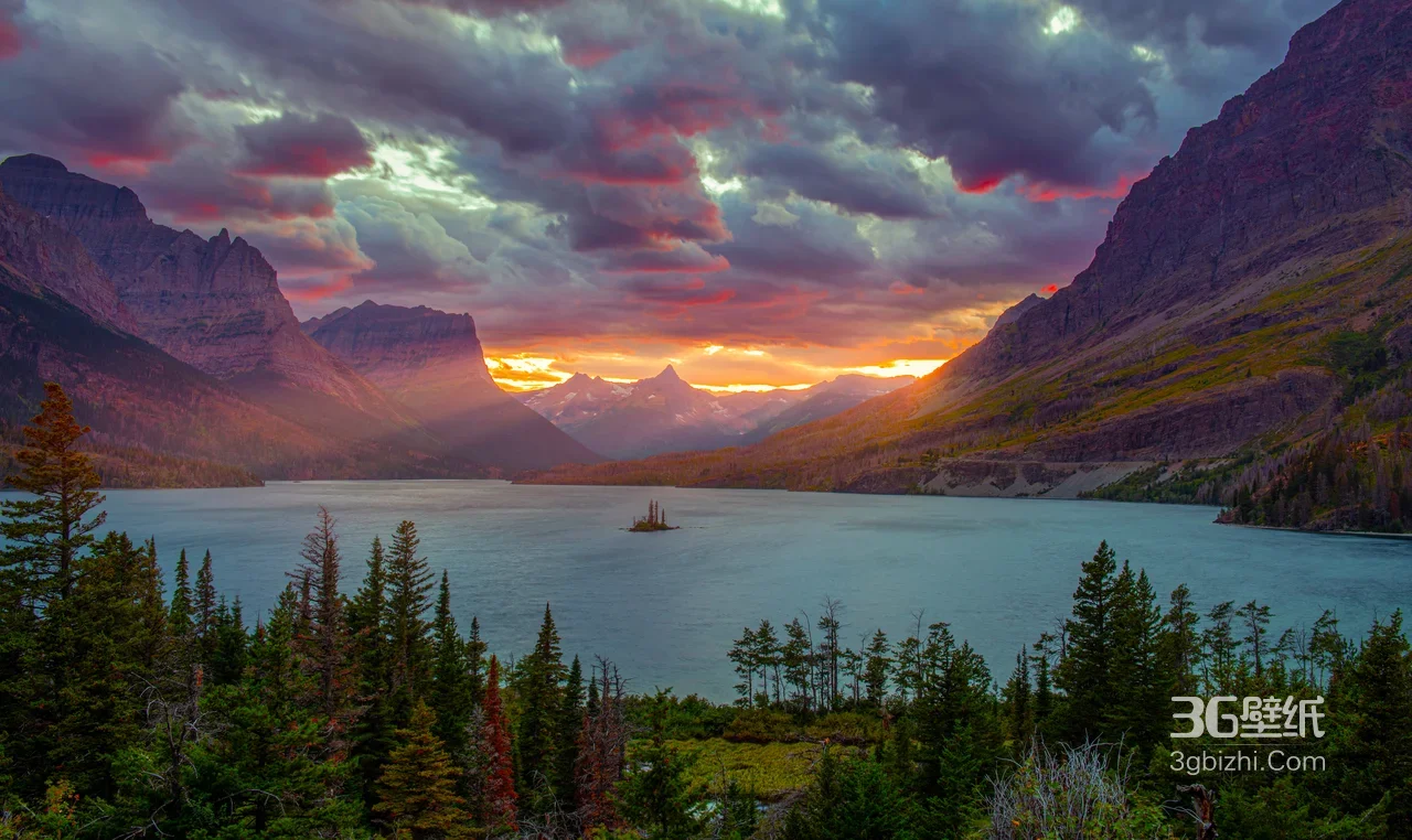 山湖森林日落岛屿·唯美写实自然风景 高清宽屏电脑壁纸1
