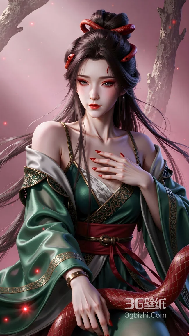 古风蛇姬·牧神记龙蛟女·国风写实 绿衣红蛇女子 古风手机壁纸推荐1