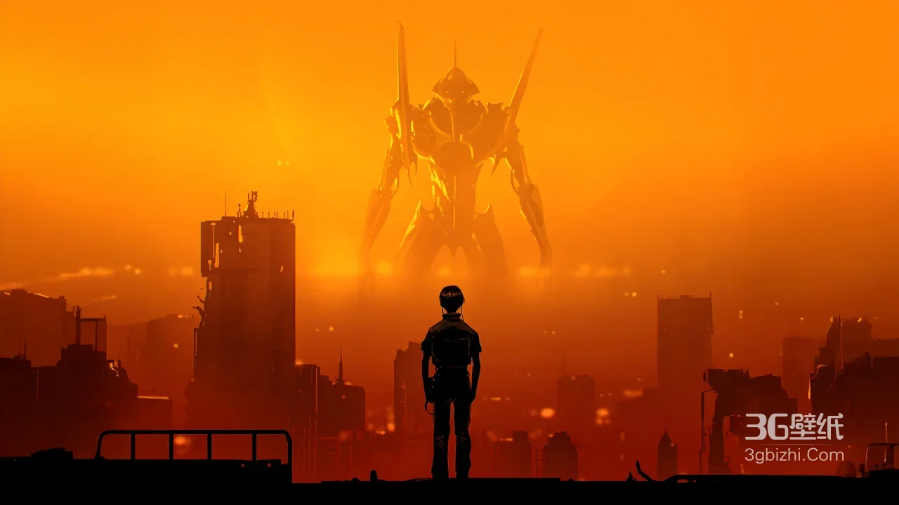 碇真嗣·对峙巨型机甲 末日赛博朋克橙红宽屏壁纸1