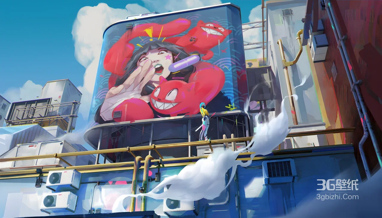 红猫涂鸦·蓝发角色都市天台 国漫赛博风电脑壁纸1
