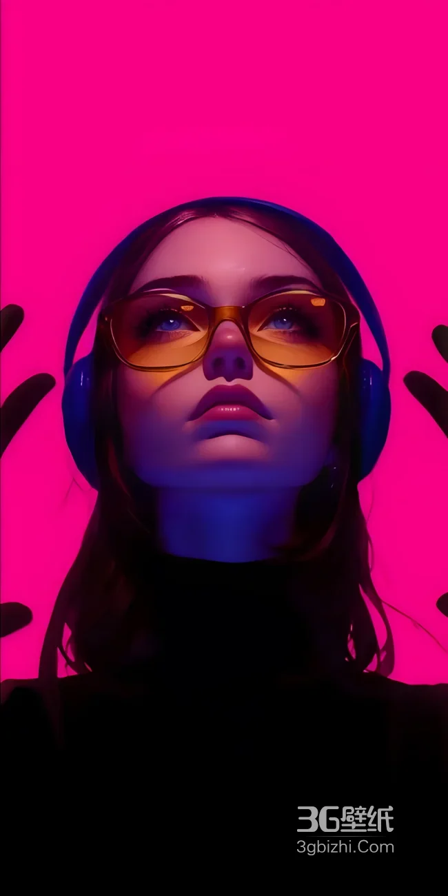 赛博朋克风戴耳机眼镜人物 霓虹粉紫手机壁纸热门款1