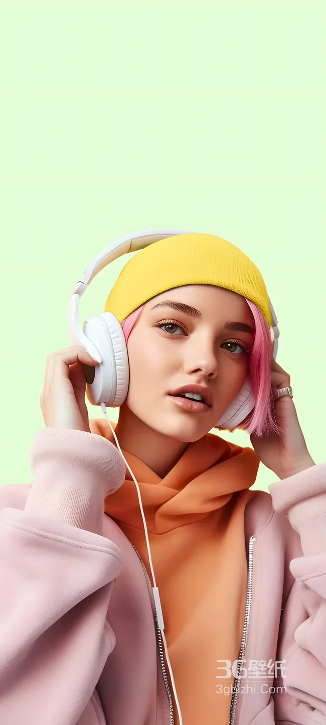 潮酷粉发少女 黄帽白耳机 清新时尚 高人气耳机壁纸1