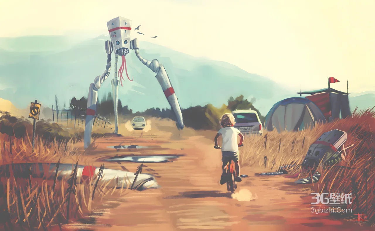 男孩骑行荒野遇巨型机器人·科幻写实风电脑壁纸1