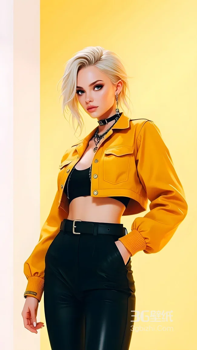 时尚潮酷女性·亮黄短外套穿搭·时尚写实风 时尚穿搭手机壁纸1