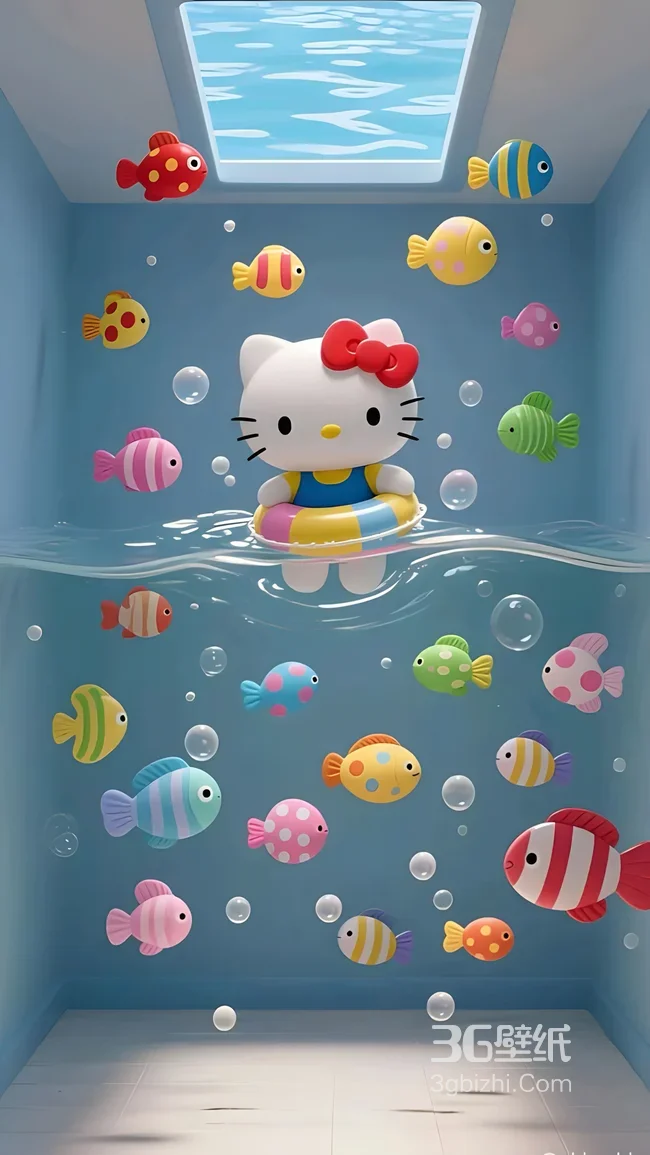 Hello Kitty·泳圈彩色小鱼环绕 可爱卡通风动漫治愈系手机壁纸1