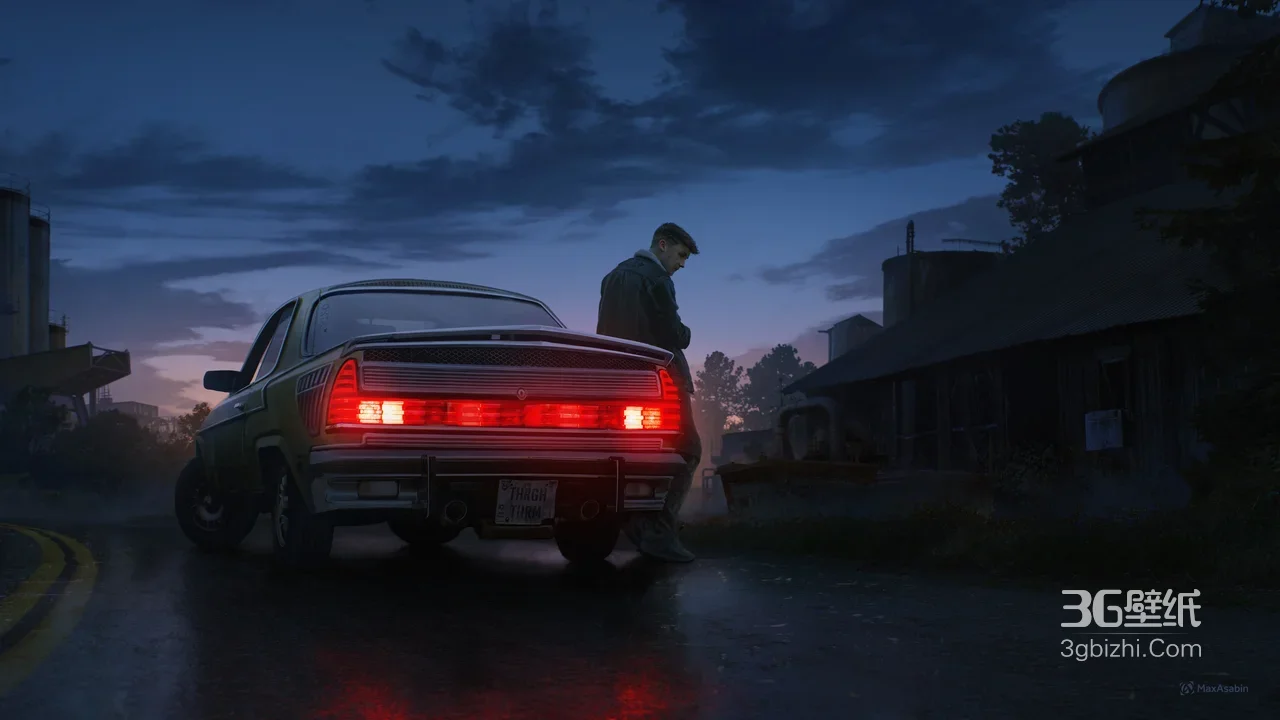 帅哥与复古车 写实暗黑风黄昏雨夜场景 高画质电脑壁纸1