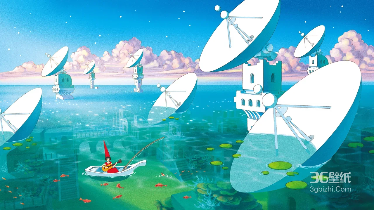 红帽少女·吉他垂钓 童话风水下卫星城 治愈电脑壁纸1