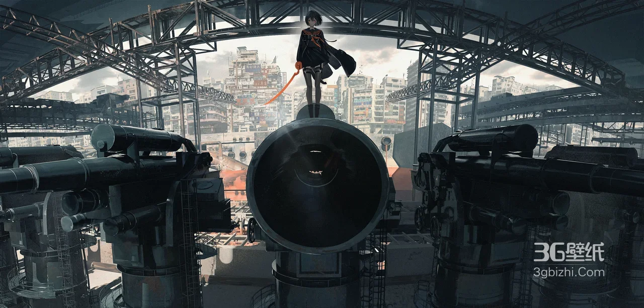 黑衣持剑少女·后现代机械都市 暗黑科幻宽屏车机壁纸1