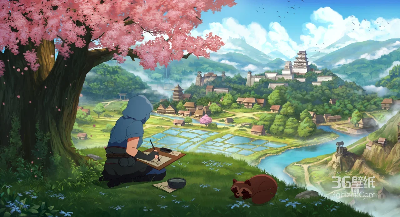 樱花树下写生者·日系动漫风 古风村落田园电脑壁纸1