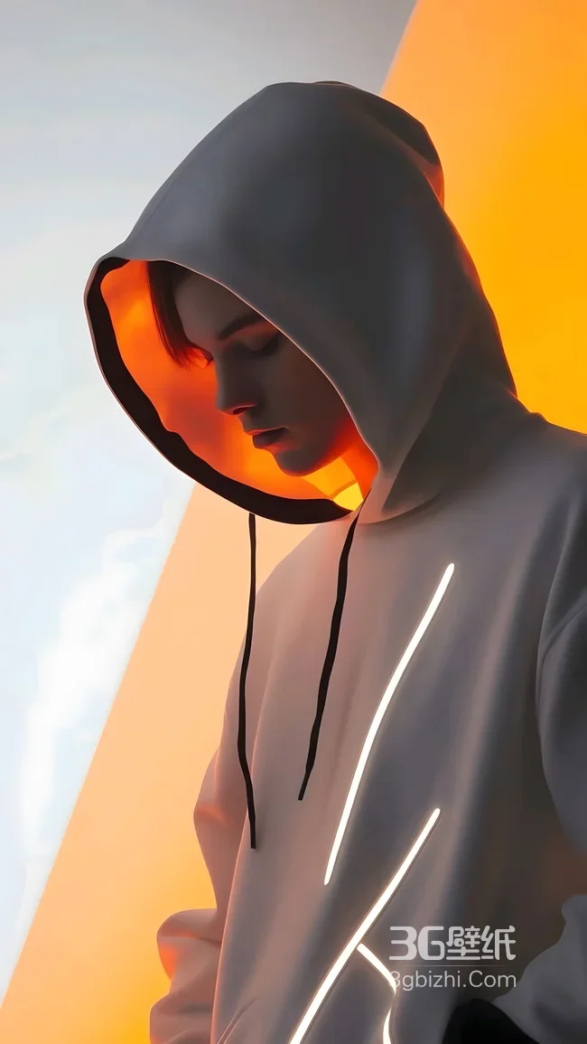 戴帽帅哥·反光条连帽衫暖光氛围 赛博简约风潮流手机壁纸1
